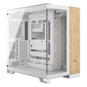 Corsair 6500X Dual Chamber Gaming Case w/ Glass Side & Front, ATX, Mesh Panels, USB-C, Asus BTF Compatible, White/Bamboo Wood - Image 1